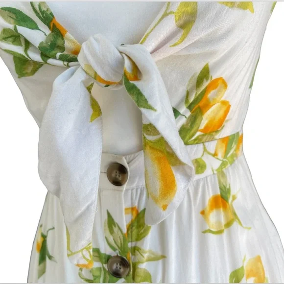 White Lemon Print Tie Front Noodle Strap A-line Mini Dress - Picture 4 of 16
